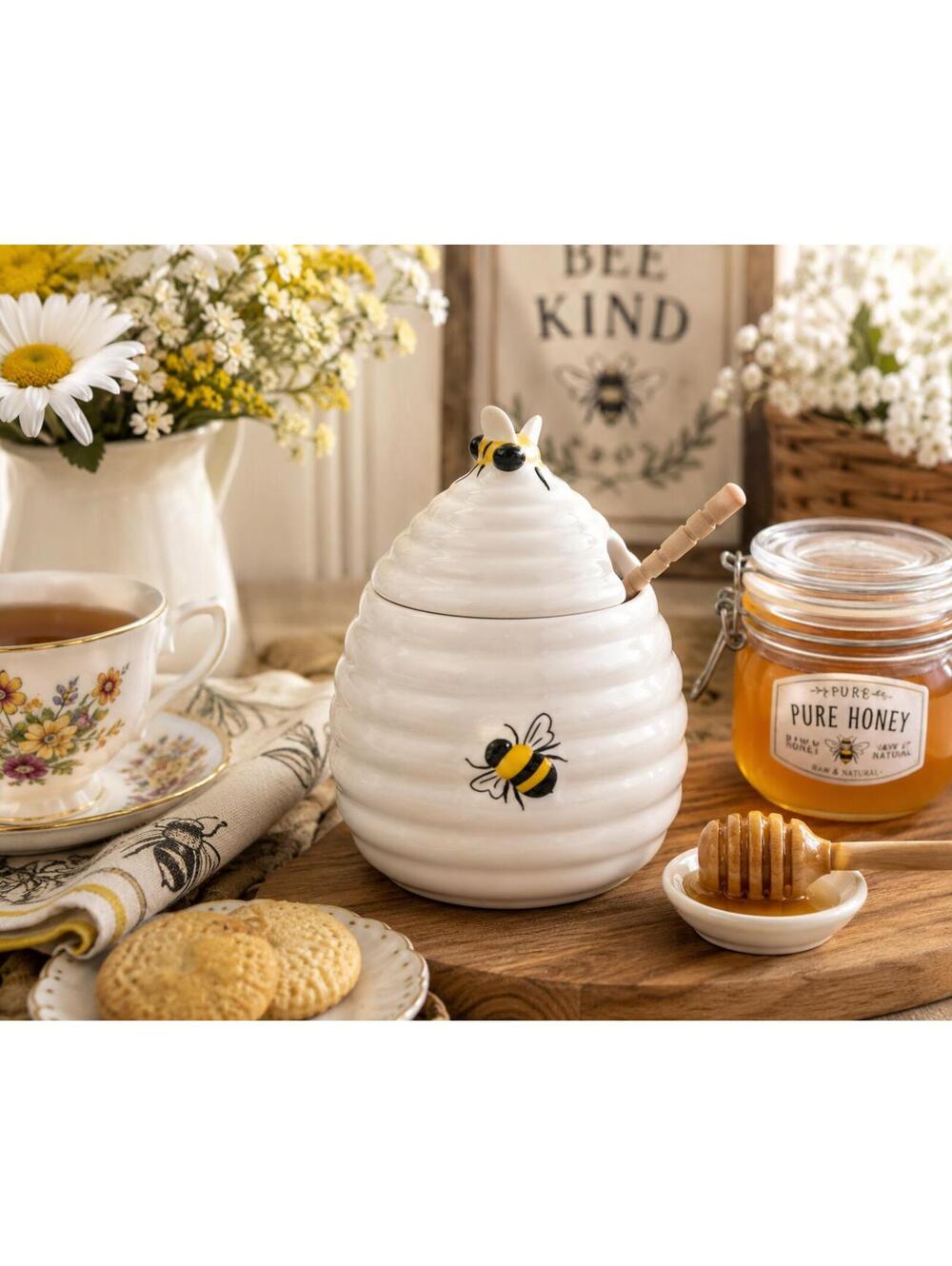 Ceramic Bee Hive Honey Pot with Wooden Dipper White Beehive Jar